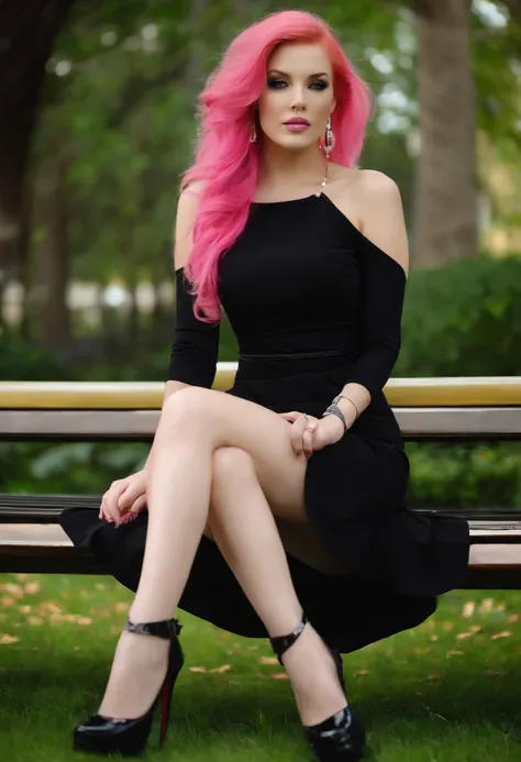 young pink hair girl in black dress sitting pretty in a park wearing high heel boots