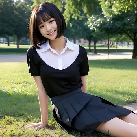 a park、hi-school girl、surrealistic、Black blouse、a miniskirt、A smile、Black eyes、A dark-haired、Bob Hair、high-level image quality、cute little、Show underwear、Spread your legs,Flip the skirt