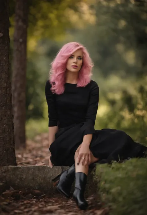 young pink hair girl in black dress sitting pretty in a park wearing high heel boots