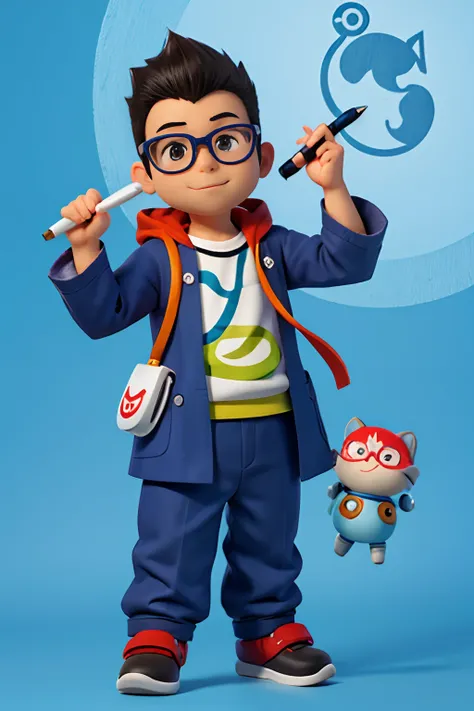 avatar fofinho de um desenhista, masculino, ao estilo Tori-Bot, do akira toryama, with large glasses, Scratchpad in one hand and pen in the other hand, dr queda, mascote, humorous, infantil, manga-style.