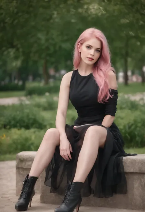 young pink hair girl in black dress sitting pretty in a park wearing high heel boots