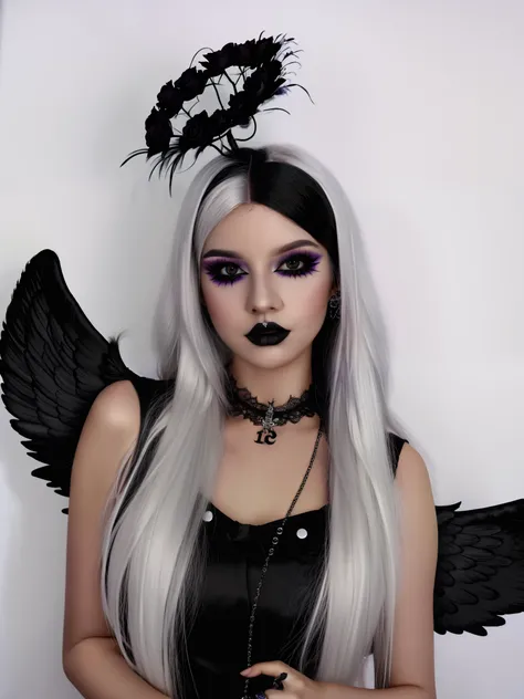 HighestQuali，tmasterpiece：1.2，Detailed details，1 Gothic girl，black eyeshadows，an angel dressed in black on a white background, in the style of cluj school, flowerpunk, halloween, social media portraiture, high quality photo, quito school, honeycor，white ha...