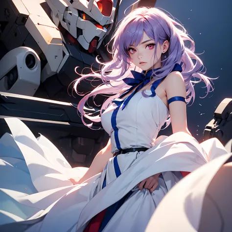 1girl,Albino, cute, purple hair, beautiful, long hair,red eyes, wearing a white and blue dress, hair with a ribbon, Gundam, Mecha, background Castel,((8k, UHD, ultra realistic))