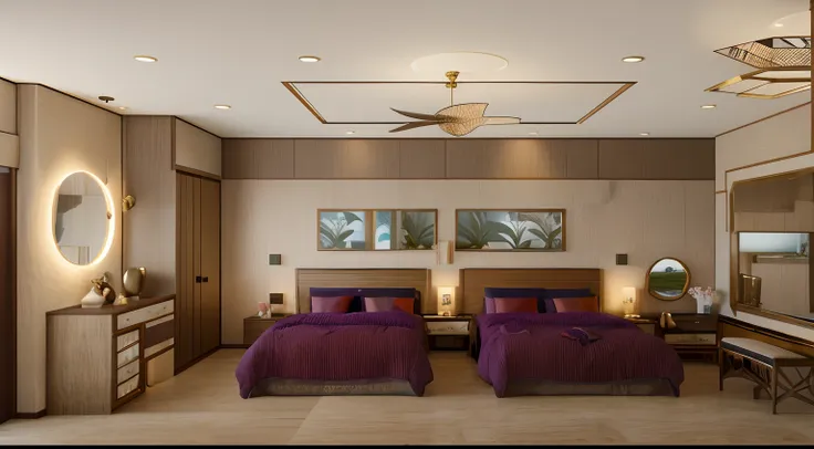 there are two beds in a bedroom with a large mirror, bed room, bedroom interior, vray rendered, inside of a bedroom, exquisite rendering, stuning 3 d render, dim bedroom, an interior of room, rendered in vray, architectural rendering, low ceiling, realisti...