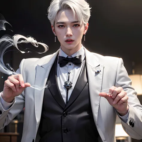 (8k photo, best quality, masterpiece:1.2),(realistic, photo-realistic:1.37) young ,handsome man, Mark Tuan, Got7, white skin, detail face, grey bright eye, white hair, black suit, bad boy, yakuza, tattoo, smoke cigarrate, a lots gangster night town in back...