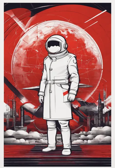 A scientist in a scientific coat turned his back to us，looking at the stars，hard core，Technologie，Red monochrome,USSR Poster,urss,communism