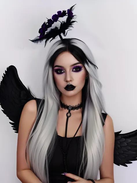 HighestQuali，tmasterpiece：1.2，Detailed details，1 Gothic girl，black eyeshadows，an angel dressed in black on a white background, in the style of cluj school, flowerpunk, halloween, social media portraiture, high quality photo, quito school, honeycor，white ha...