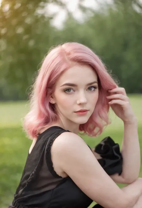 young pink hair girl in black dress sitting pretty in a park, close-up, pretty face, vivid eyes