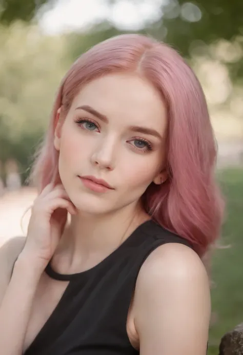 young pink hair girl in black dress sitting pretty in a park, close-up, pretty face, vivid eyes