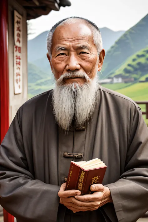 An old man with traditional Chinese thinking，Real frontal photos，Authentic background，The background is nature，holding books，worn-out clothing，Face full of wrinkles，80 years old Chinese medicine practitioner，Wise eyes，The beard is white，male people，country...