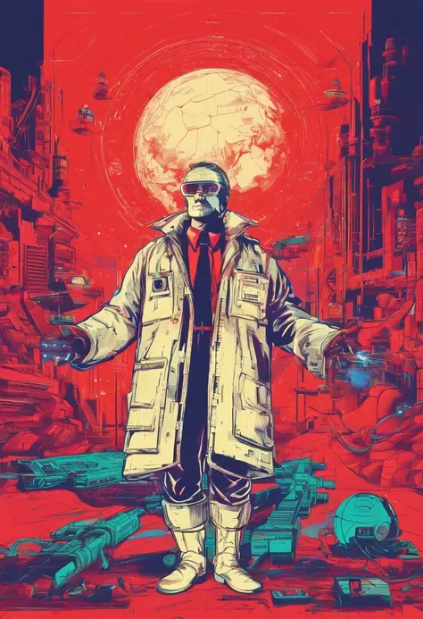 A scientist in a scientific coat turned his back to us，looking at the stars，hard core，Technologie，Red monochrome,USSR Poster,urss,communism