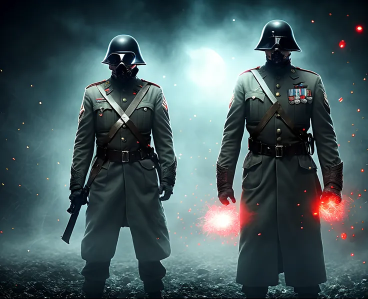 Grandfather with a bayonet,  WW2 Black Suit,  Common World War II hats, Black Eye Mask, Soldier in the background,Elements of red blood cells,HD Light and Dark, Balanced Rendering, HD lighting and darkness )<=(Spectacular image quality)Dark atmosphere with...