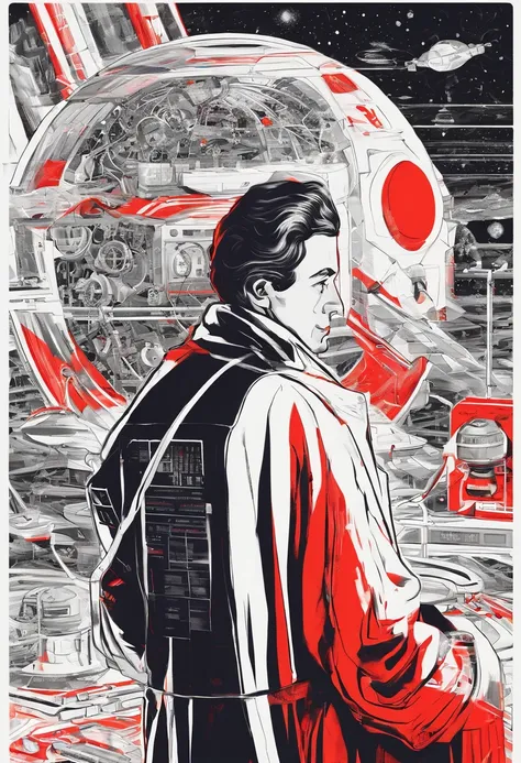 A scientist in a science coat has his back to us，looking at the stars，hard core，Technologie，Red monochrome,USSR Poster,urss,Communism