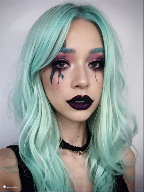 (photo: 1.3) af (realistic: 1.3),Halloween Makeup,a woman with a bluegreen hair who is dressed up as a clown, in the style of dark beige and dark aquamarine, dollcore, dark black and orange, detailed facial features, solapunk, light turquoise and light bla...