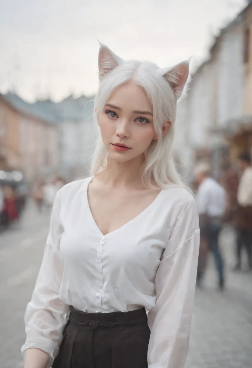 1girl, ebenya, looking at viewer, white hair, neko, cat ears, cat tail, white shirt, open clothes, russian city, ba-shiroko