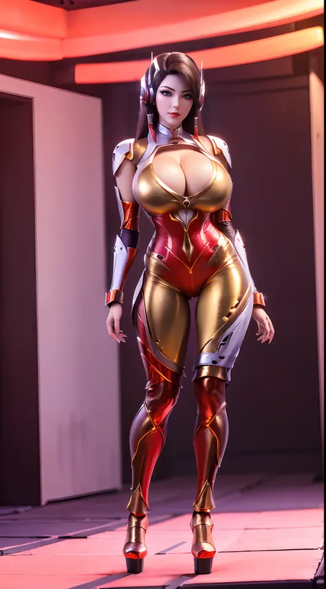 (1GIRL, ALONE, SOLO), (super detailed face), (black hair: 0.8), ((Phoenix Headwear)), (BIG BUTTOCKS, 11 LINE ABS, CLEAVAGE, HUGE FAKE BREASTS:1.5), (GOLD MECHA GUARD ARM:1.3), (RED SHINY MECHA CYBER ARMORED, PURPLE MECHA SKINTIGHT SUIT PANTS, MECHA GUARD A...