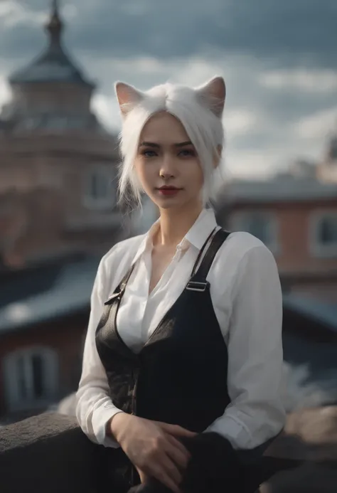 1girl, ebenya, looking at viewer, white hair, neko, cat ears, cat tail, white shirt, open clothes, russian city, ba-shiroko