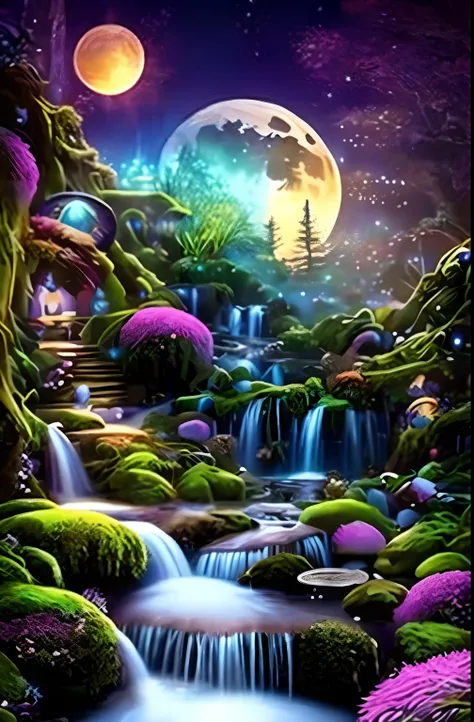 A painting of a waterfall in a forest of full moons, magical scenery, magic fantasy highly detailed, fantasy highly detailed, magical colors and atmosphere, Magical environment, magical colors and atmosphere, enchanted magical fantasy forest, magical fanta...