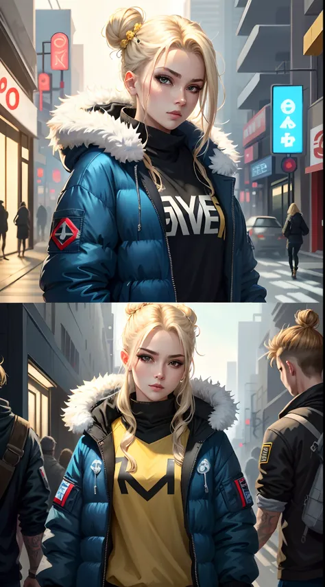 Visilena, Blonde hair with white tips in a braided bun, blue eye, great axe resting on shoulder, puffer jacket with fur on the hood, 1 eye closed, blue and yellow and black clothing, black eye liner, female, character concept art, cyberpunk, tacticle gear,...