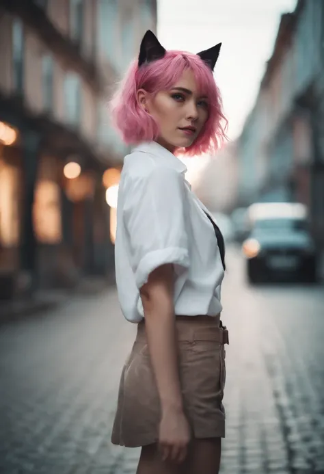 1girl, ebenya, looking at viewer, pink hair, neko, cat ears, cat tail, white shirt, open clothes, russian city, ba-shiroko