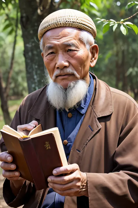 An old man with traditional Chinese thinking，Real frontal photos，Authentic background，The background is nature，holding books，worn-out clothing，Face full of wrinkles，80 years old Chinese medicine practitioner，Wise eyes，The beard is white，male people，country...