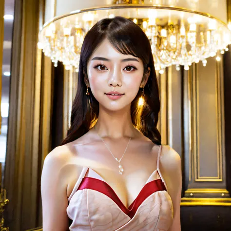 The fabric of the dress is dark pink、Chest skin is visible、No shoulder straps、RED dress、Simple design with no frills、tight dresses、Dark pink dress、I can see the cleavage、Smaller chest、(8k, RAW photo, best quality, masterpiece:1.2), (realistic, photo-realis...