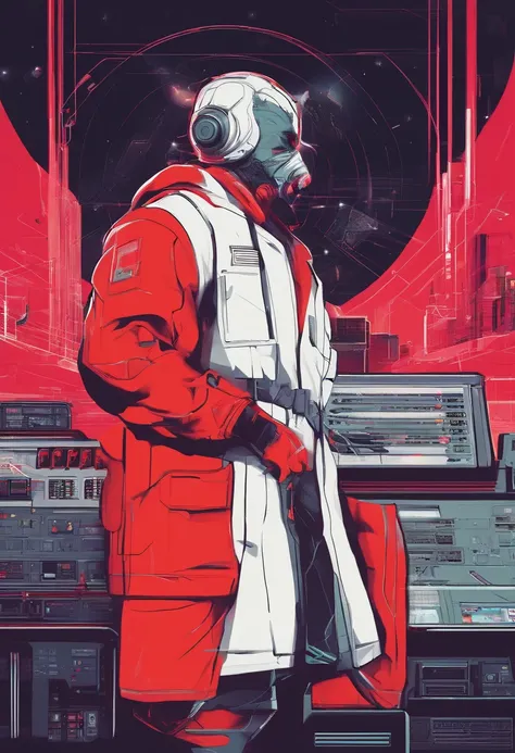 Scientists in science coats turn their backs to us，looking at the stars，hard core，Technologie，Red monochrome,USSR Poster,urss,Communism