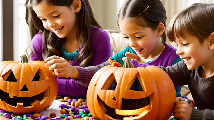 Canon DSLR capture of a cozy family room bathed in the warm afternoon light. A family gathers around a coffee table, sorting through a large plastic container brimming with colorful Halloween candies. The room is decorated with subtle Halloween decorations...