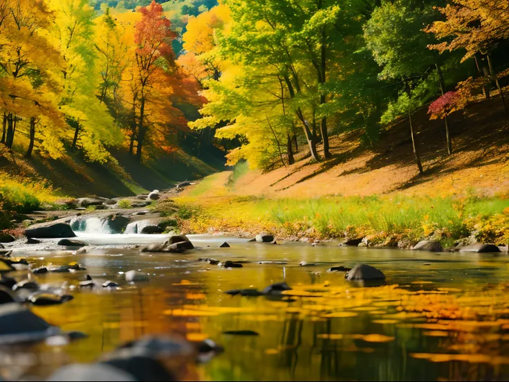 Realistic images、hiquality、valley、Emerald Green River、autumnal、Red or yellow leaves