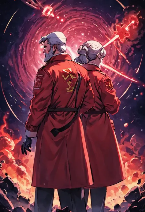 Scientists in science coats turn their backs to us，looking at the stars，hard core，Technologie，Red monochrome,USSR Poster,urss,Communism