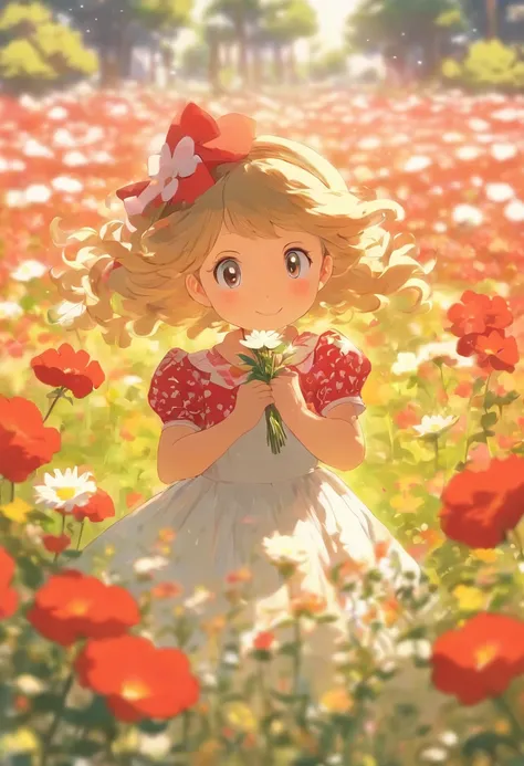 there is a little girl in a red and white dress holding a bouquet, girl in flowers, picking flowers, holding flowers, picking up a flower, girl standing in flower field, girl standing in a flower field, flowers on heir cheeks, girl in a flower field, portr...