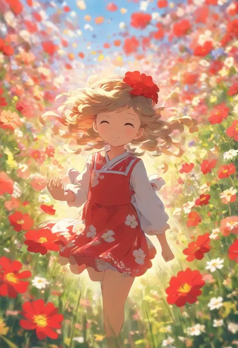 there is a little girl in a red and white dress holding a bouquet, girl in flowers, picking flowers, holding flowers, picking up a flower, girl standing in flower field, girl standing in a flower field, flowers on heir cheeks, girl in a flower field, portr...