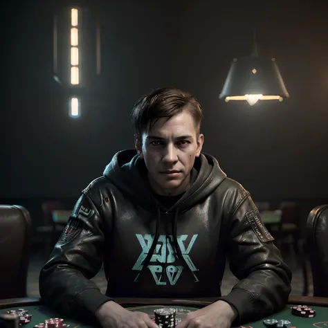 Young man with cap look to camera, hoddie, (a young man sitting at the casino table:1. 2), (dining room in the background:1. 2), (photorealistic: 1. 2), symmetrical, crystal clear, accurate, cinematic, photography, realistic, intricate detail, style art, p...