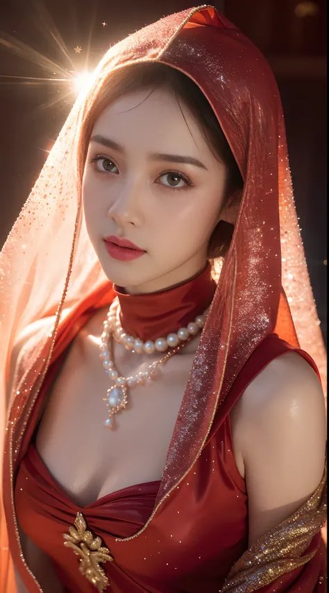 Dilraba Dilmurat, face veil, hijab, jilbab, muslim face mask, mouth veil, freckles, eyes mascara, blazing crimson red hair, masterpiece, best quality, photorealistic, long pointy elf ears, glowing sparkly skin, soft lighting, voluptous, cleavage, windy des...