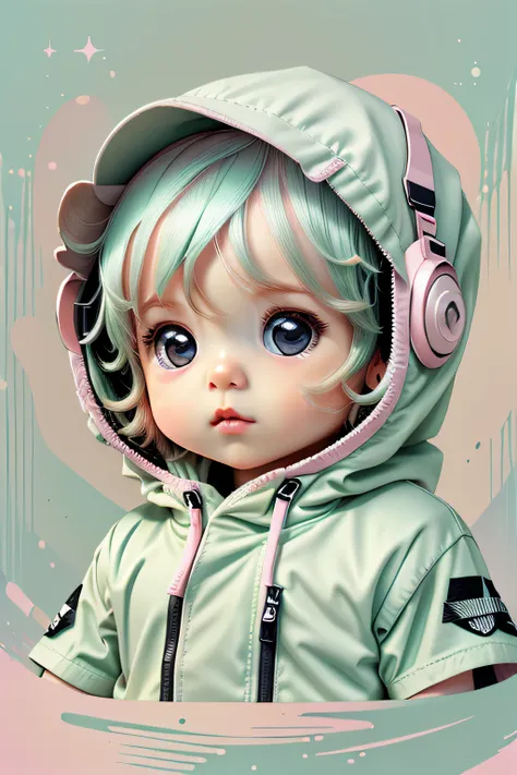 white,totally white,pastel colors,hachures,chibi style, 1 cute little baby boy with techwear clothes, papercute background