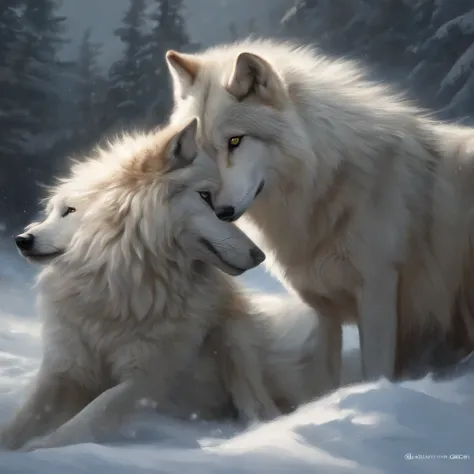 masutepiece, Best quality, ((Beautiful and delicate wolf)) (Very detailed CG unity 8K wallpaper), Professional majestic oil painting，author：Ed Blinky, Attia Geylon, by Ghibli Studio, Jeremy Mann, Greg Manchesa, Antonio Moro, Popular on artstation, Trending...