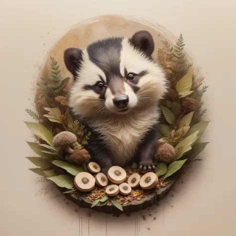 Theres a badger sleeping on a pile of leaves and mushrooms, Whimsical Badger,Ethereal Hedgehog, por Jeka Kemp, Beautiful autumn spirit, autumn, por Andrée Ruellan, Zorros, Cute badger, por Caroline Chariot-Dayez, Animal Badger, Teniente Zofia Stryjenska, E...