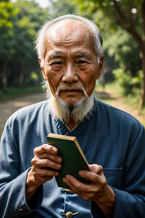 An old man with traditional Chinese thinking，Real frontal photos，Authentic background，The background is nature，holding books，worn-out clothing，Face full of wrinkles，80 years old Chinese medicine practitioner，Wise eyes，The beard is white，male people，country...