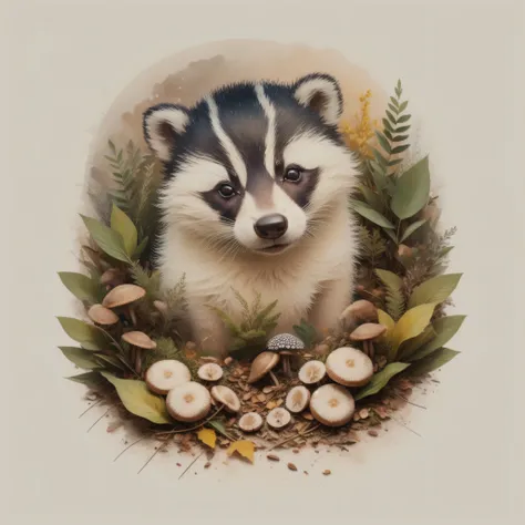 Theres a badger sleeping on a pile of leaves and mushrooms, Whimsical Badger,Ethereal Hedgehog, por Jeka Kemp, Beautiful autumn spirit, autumn, por Andrée Ruellan, Zorros, Cute badger, por Caroline Chariot-Dayez, Animal Badger, Teniente Zofia Stryjenska, E...