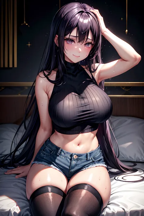 Jersey material is cotton、A slight smil、Transcendent beauty、Dark Gothic Makeup、Sweat glitters on my face、Sweat glitters on my thighs、The whole body is shiny with sweat.、Long hair straight hair、Purple hair、Transcendent cute face、Sit up、a bed、sprawl、Dark bla...