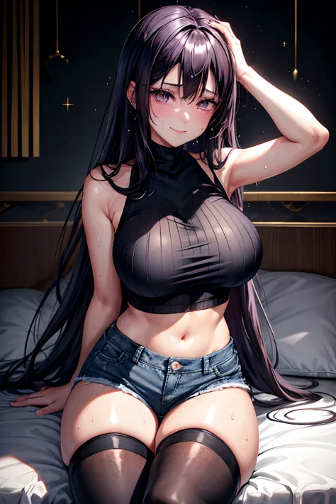 Jersey material is cotton、A slight smil、Transcendent beauty、Dark Gothic Makeup、Sweat glitters on my face、Sweat glitters on my thighs、The whole body is shiny with sweat.、Long hair straight hair、Purple hair、Transcendent cute face、Sit up、a bed、sprawl、Dark bla...