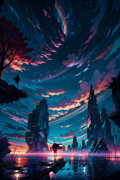 Anime girl standing on a rock looking at rainbow sky, makoto shinkai cyril rolando, anime art wallpaper 4k, anime art wallpaper 4k, Anime art wallpaper 8k. by makoto shinkai, inspired by Cyril Rolando, in the style dan mumford artwork, amazing wallpapers, ...