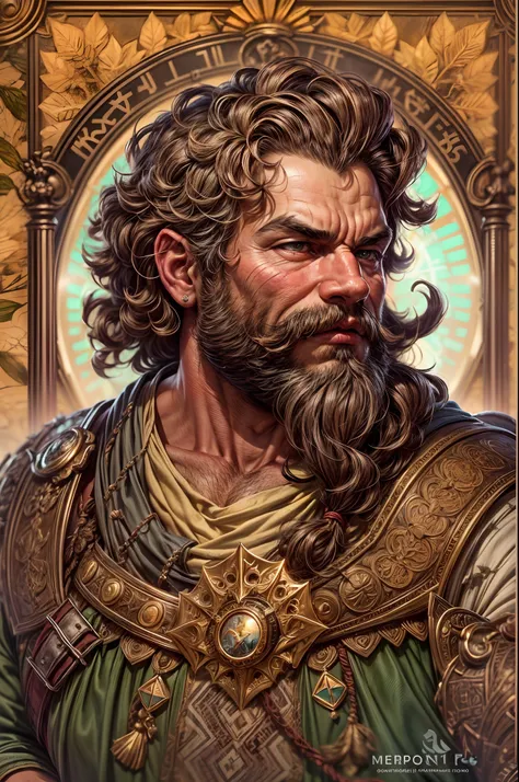 Portrait Rpg, Bronze Frame, Close-up, Race: Dwarf, Gender: Male, Age: 30 years, Eyes: Dark Brown; Skin color: Light skin, Hair: Curly brown, Physique: Fat complexion, Facial features: Leafy beard, Expression: Cheerful look, Equipment: Dwarf King clothing, ...