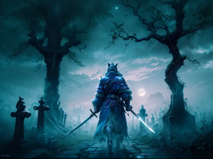 (blue samurai,ghost,walking with a wolf in a haunted village,night sky,full moon,realistic,full HD,best quality),(eerie atmosphere,ethereal ambiance,hauntingly dark),[muted tones],[mysterious shadows],(detailed armor,detailed katana),(intense gaze,stoic ex...