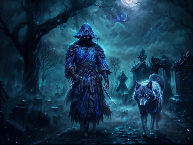 (blue samurai,ghost,walking with a wolf in a haunted village,night sky,full moon,realistic,full HD,best quality),(eerie atmosphere,ethereal ambiance,hauntingly dark),[muted tones],[mysterious shadows],(detailed armor,detailed katana),(intense gaze,stoic ex...