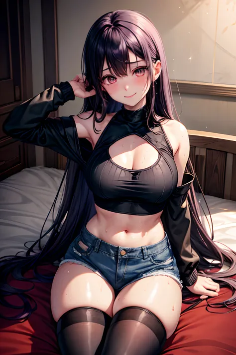 Jersey material is cotton、A slight smil、Transcendent beauty、Dark Gothic Makeup、Sweat glitters on my face、Sweat glitters on my thighs、The whole body is shiny with sweat.、Long hair straight hair、Purple hair、Transcendent cute face、Sit up、a bed、sprawl、Dark bla...