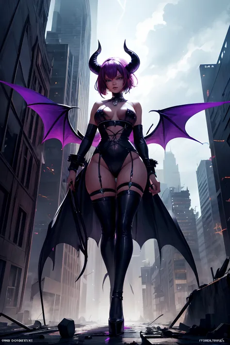 Rihanna as a hyper-giant, Hyper-powerful demon with two demon horns on his head and demon wings, Purple lightning fire on a building and shatters buildings , ville en ruine post apocalyptique,