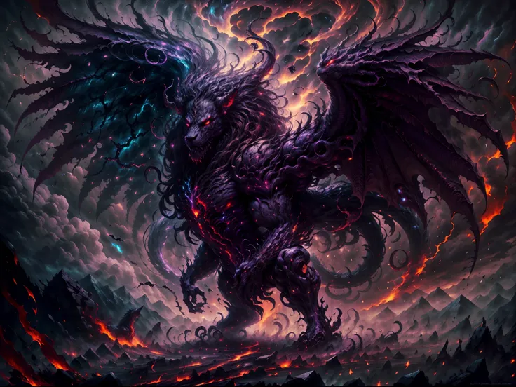 (best quality,ultra-detailed,realistic:1.37),lion,black hair,red eyes,wings,very monstrous,dark atmosphere,shadowy figure,majestic presence,ferocious expression,glistening fangs,fierce gaze,powerful creature,massive wingspan,intense gaze,classical oil pain...