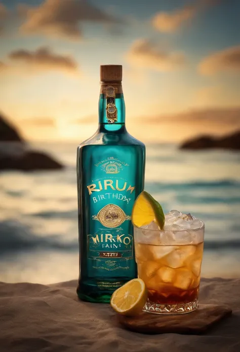 Text "Happy Birthday Mirko", im Vordergrund Glas ein Cuba Libre und eine Flasche Rum mit dem Text "RUM", high detail, 1080P, super detail