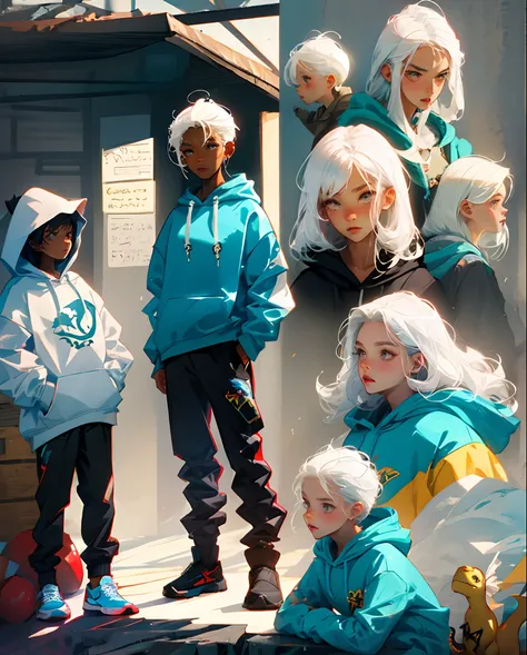 character designs,Dinosaur Hoodie,cute little,male child,white  hair,Light blue mesh,perm,(Hoodie:1.4)